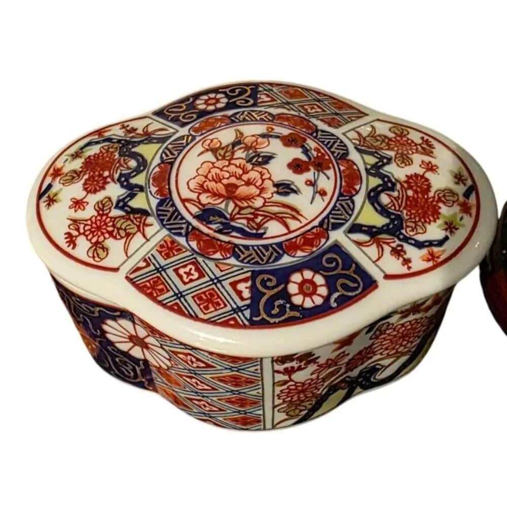 Vintage‎ Trinket Box Japanese Imari-Style Ceramic Floral & Geometric 3